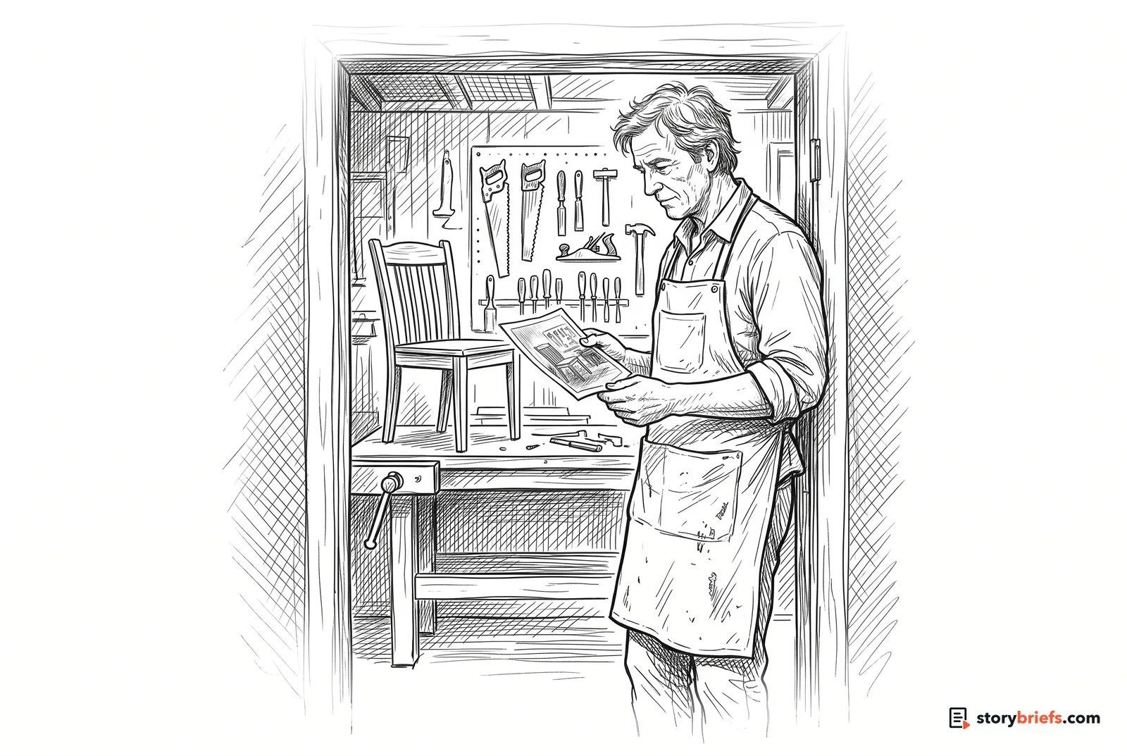 Line drawing of an older craftsman in an apron standing in his workshop doorway, looking at an old photograph of the business.
