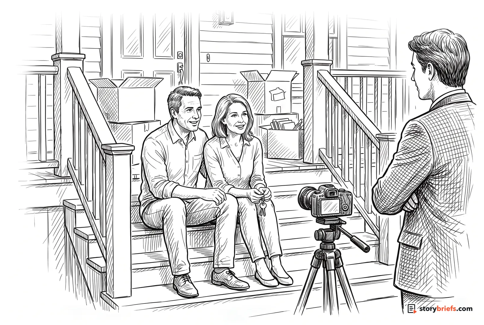 Line drawing of a couple sitting on the front steps of their new house among moving boxes, the woman holding the keys, talking to a video camera on a tripod while their agent listens nearby.