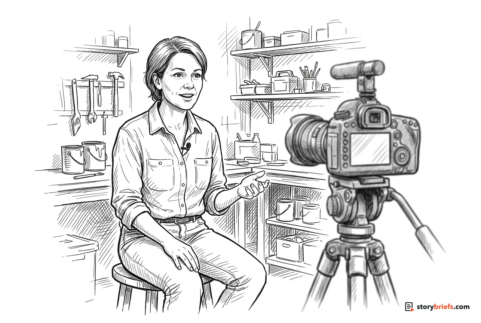 Line drawing of a woman sitting on a stool in her workshop, wearing a clip-on microphone and talking to a video camera on a tripod.
